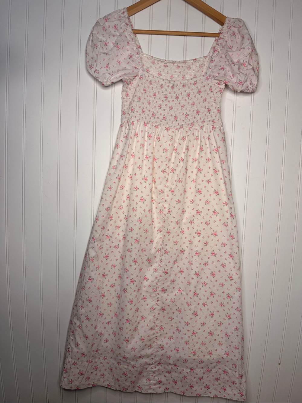 Juniors' Cottage Core Pink Floral Puff-Sleeve Midi Dress with Smocking, Size XS - Picture 5 of 12